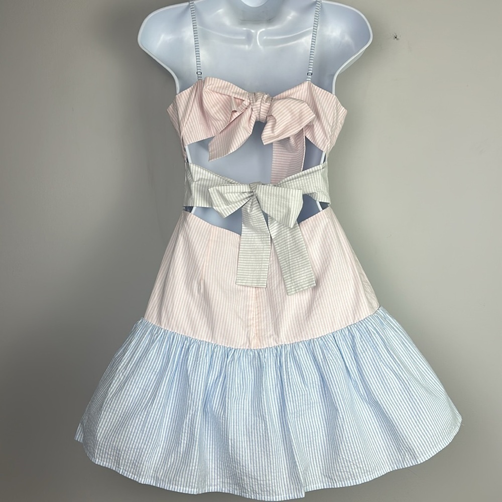 NEW Lovers + Friends Caesar Seersucker Mini Dress Bow Ties Small Cotton Summer - Picture 8 of 16